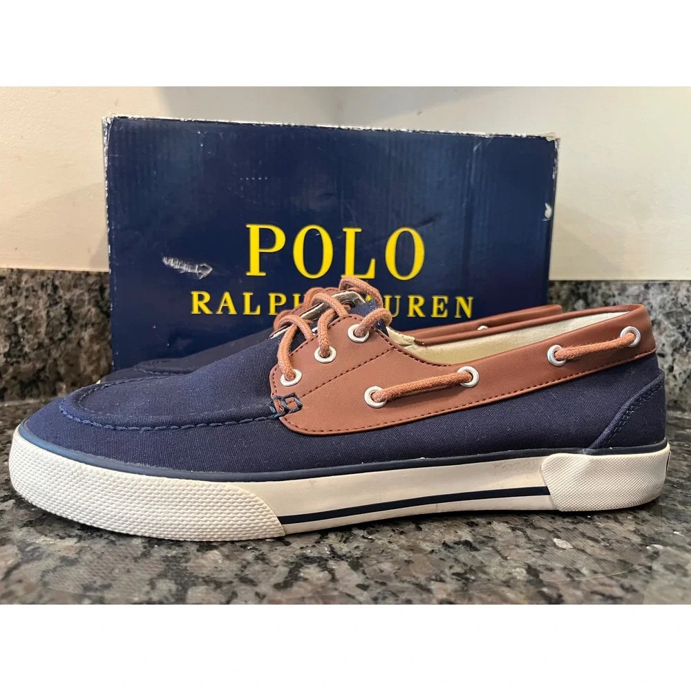 Polo Ralph Lauren Franz Mens Boat Shoes Navy Blue Brown Canvas Loafers Size 9D